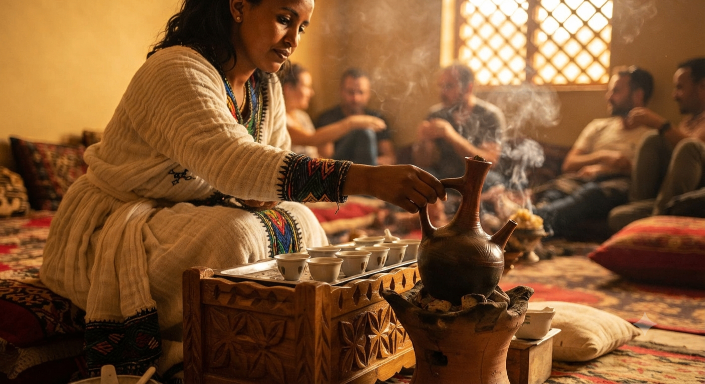 Traditional Ethiopian coffee service with guests gathered around