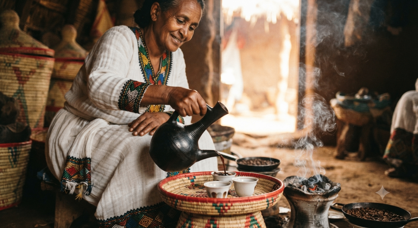 Traditional Ethiopian coffee ceremony being served indoors