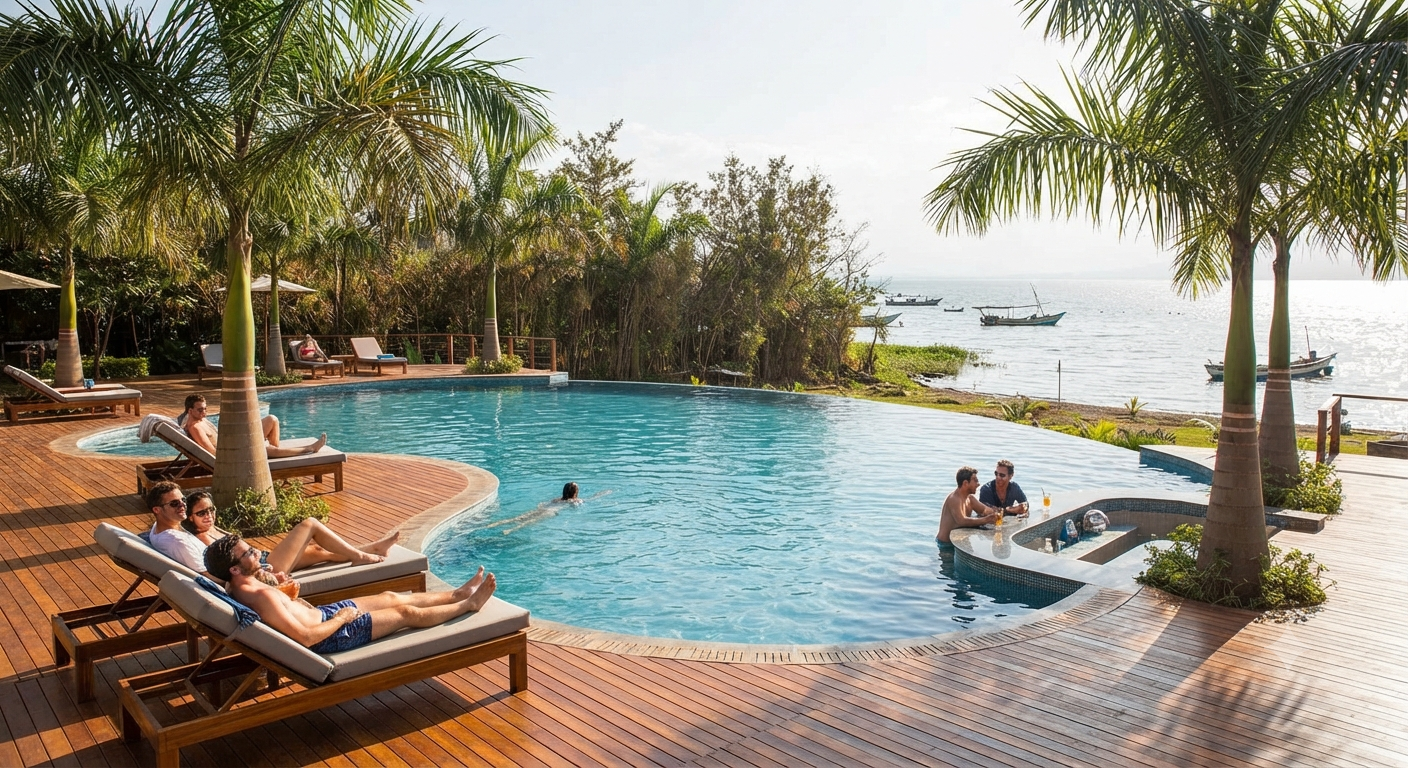Lakeside resort pool with palm trees and sun loungers in Ethiopia