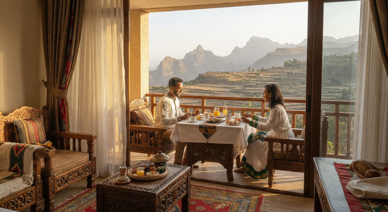 Couple having breakfast with mountain views in northern Ethiopia